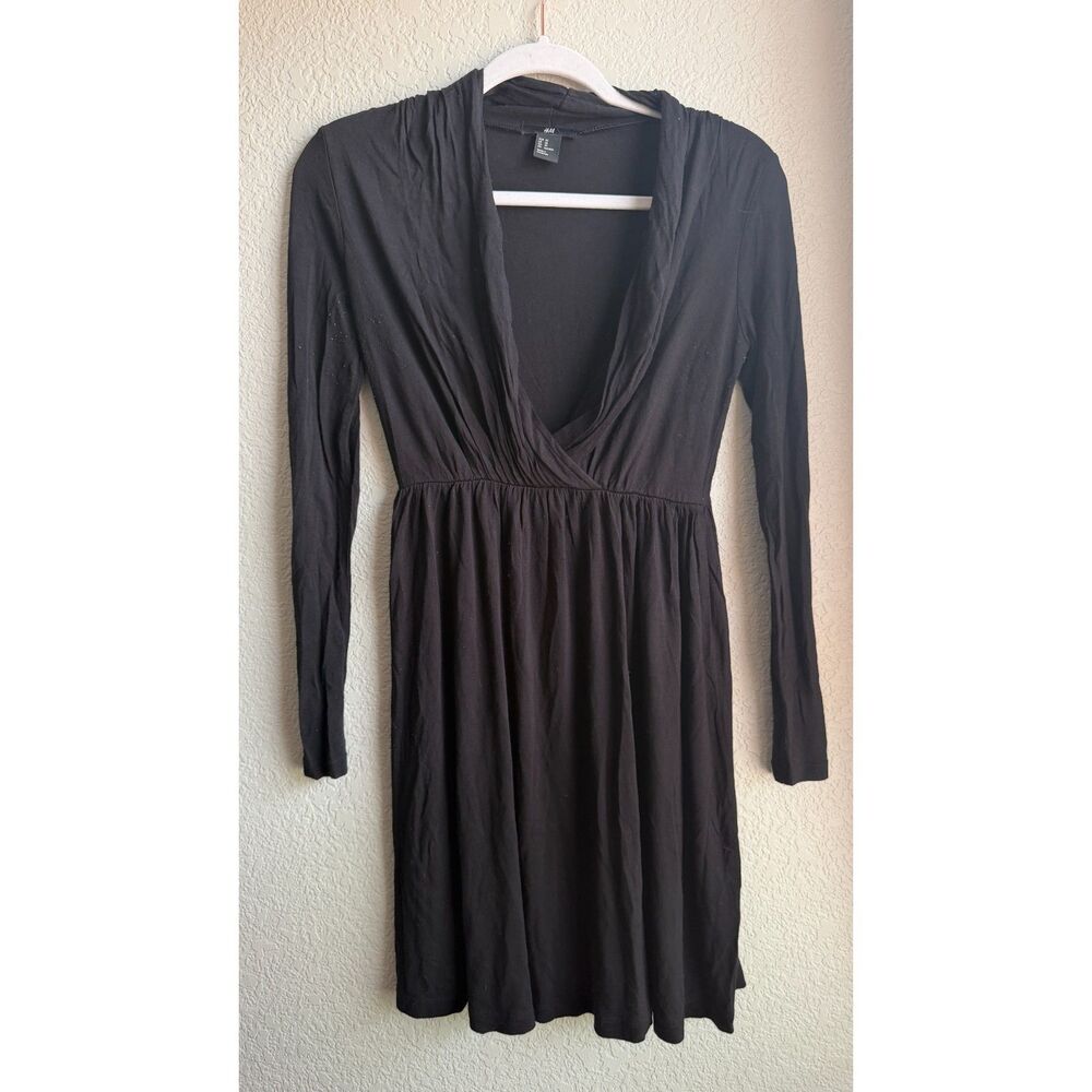 H&M Black Deep V Wrap Long Sleeve Mini Dress XS 100% Viscose